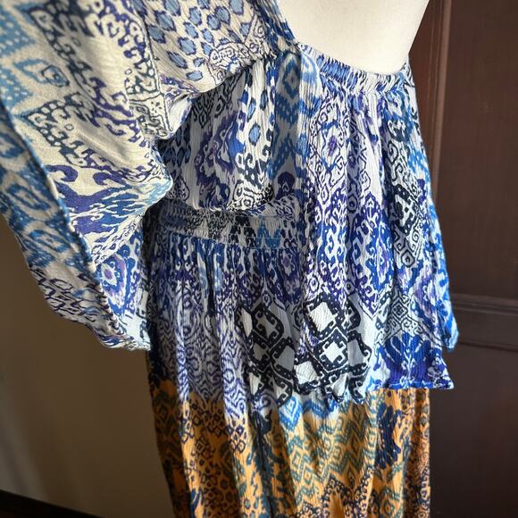 RAGA | Blue and Mustard Boho Tiered Midi Halter Neck Ruffle Sundress | Small - Picture 6 of 7